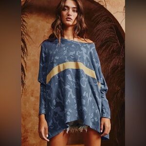 BLUE Camo Colorblock Contrast Dolman Sleeved Top